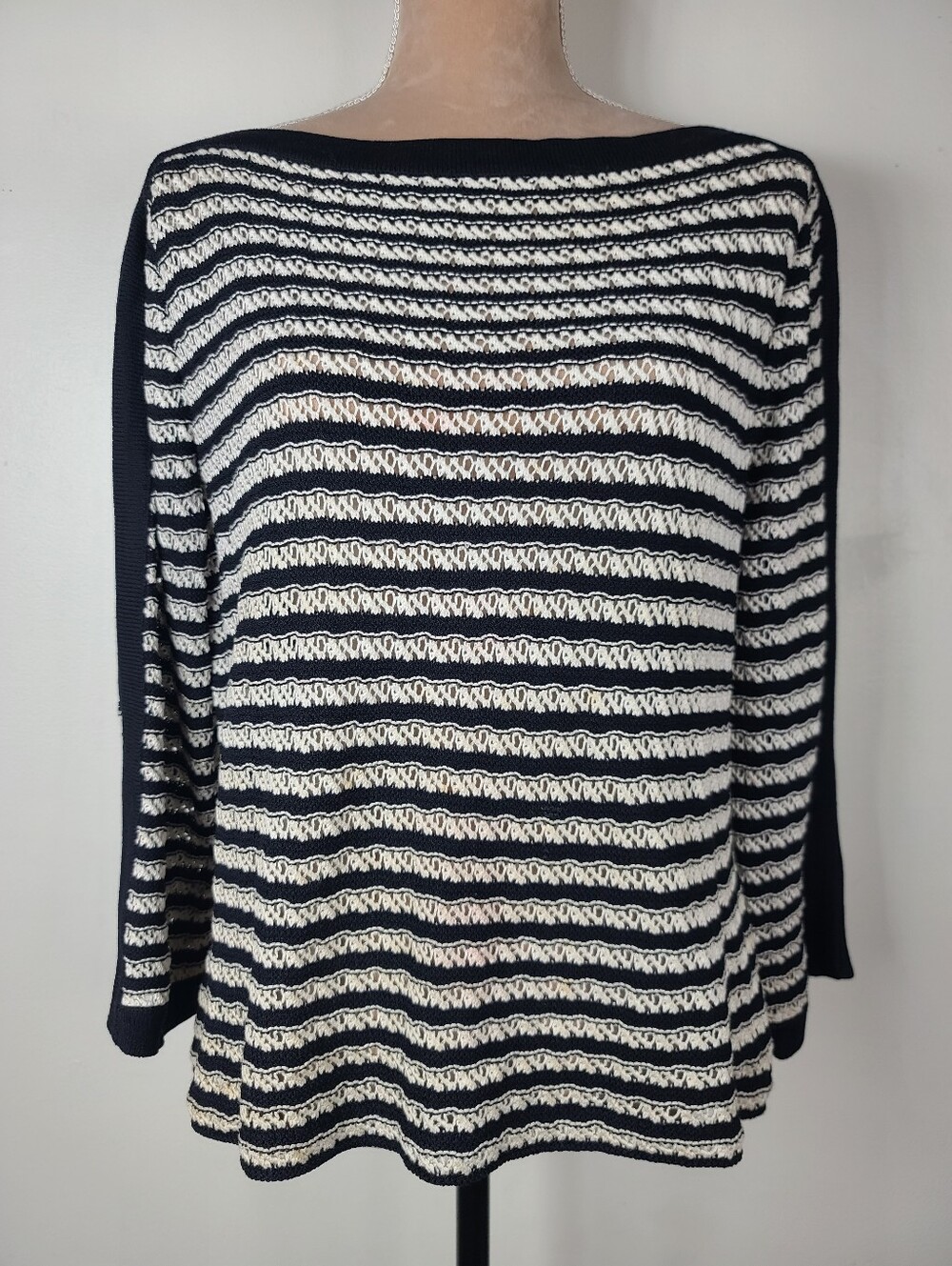 St. John Sport Navy & White Striped Open Knit Boat Neckline Sweater L